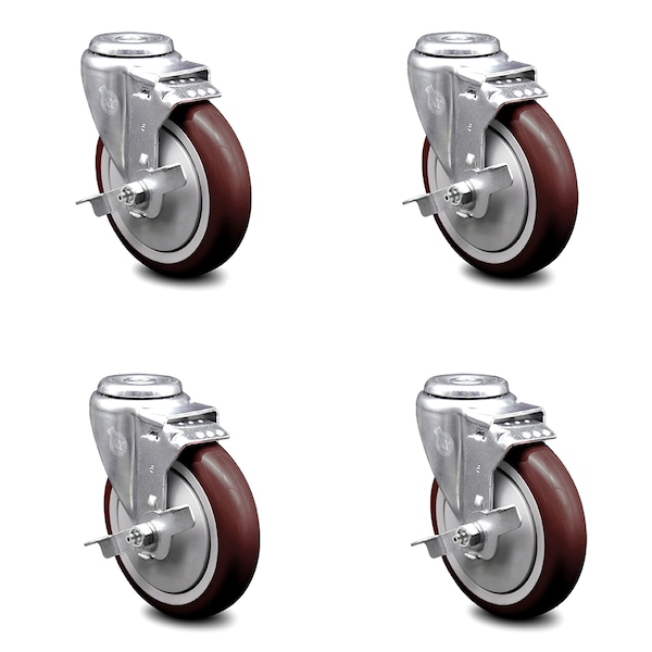 5 Inch Maroon Polyurethane Wheel Swivel Bolt Hole Caster Set with Brake SCC